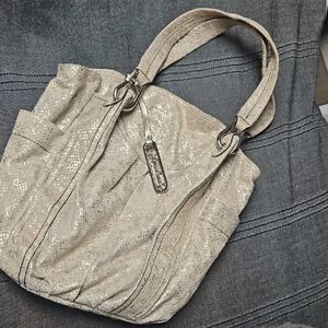 B. Makowsky Textured Beige and Silver Shoulder Bag
